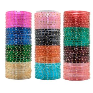 ONFLOW 12-Color Indian Glass Bangles Set for Women - Traditional Ethnic Bangles with Golden bindi Design - Stylish and Festive Accessories